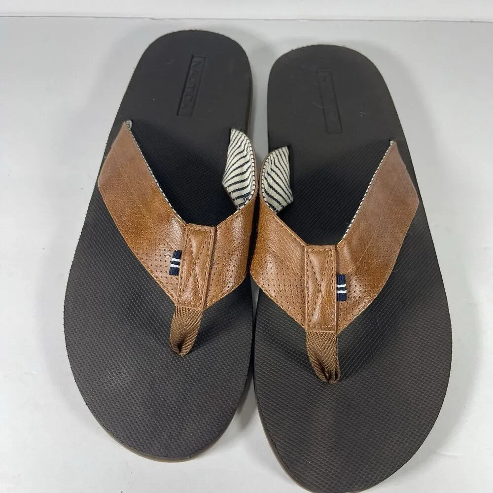 Nautica Clarkson 2 Men's Flip Flop Sandals Size 13 Brown Faux Leather Thong